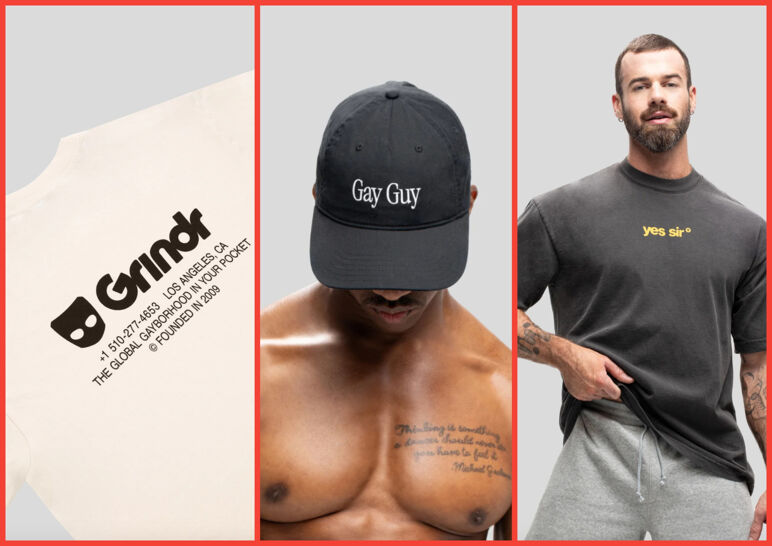 Three-panel image of Grindr's summer collection. From left to right: a white t-shirt featuring their logo, a black hat that says "Gay Guy," and a male model wearing a black "Yes sir" tee. 