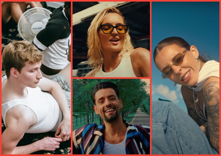 Four panel-image. Clockwise: Kevin Atwater lounges on the floor, G Flip dances in a mechanic shop, Young Miko bundles up on a boat, Andrew Mitch sings in the back of a truck bed.