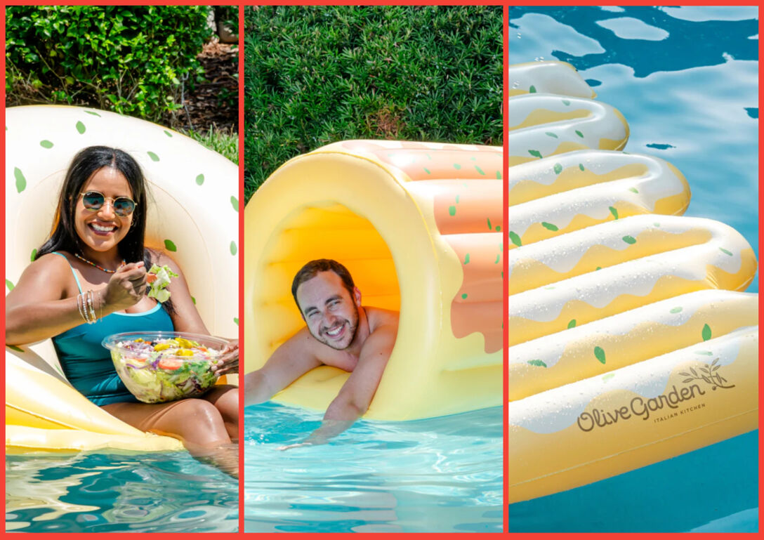 Three-panel image of pool inflatables resembling Olive Garden dishes. From left to right: a tortelloni, a rigatoni, and a piece of fettuccine all pictured floating in pools.