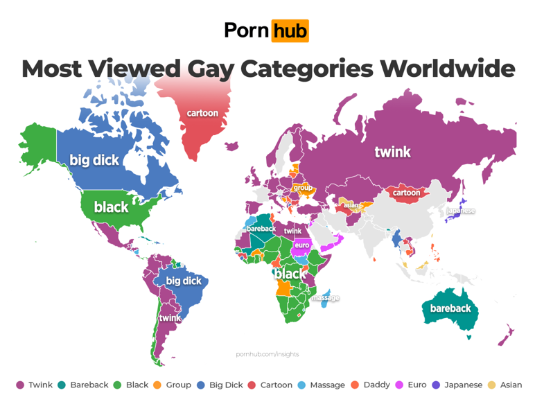 A world map highlighting the most viewed gay categories worldwide on PornHub, colored to indicate preference.