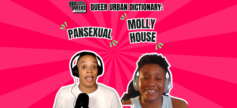 Pink background with two Black queer women and the words Pansexual and Molly House. 