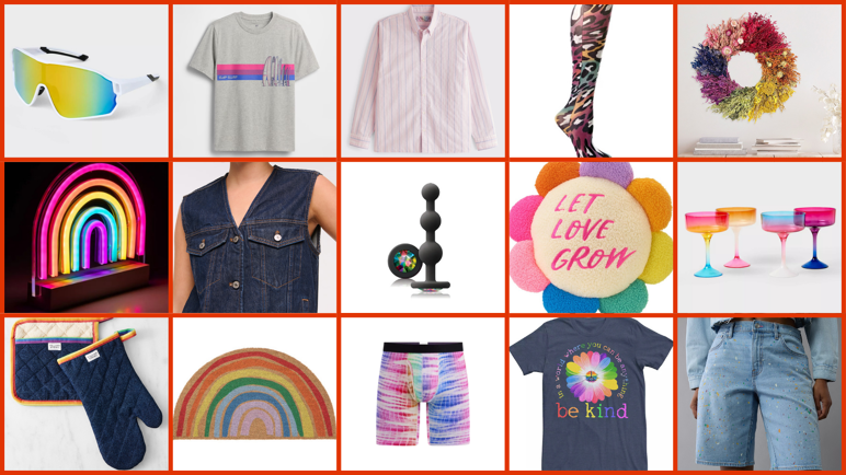 A 3x5 grid of 15 product images framed with a bold red border. Items include: oversized rainbow visor sunglasses, a gray kids’ t-shirt with retro rainbow stripes and surfboards, a pastel pink-striped button-up shirt, rainbow leopard compression socks, a dried floral wreath arranged in rainbow color order, a neon rainbow LED sign, a sleeveless denim vest, a black silicone anal plug with a rainbow gem base, a colorful flower-shaped throw pillow with “Let Love Grow” written in the center, four translucent rainbow coupe glasses, a navy quilted oven mitt and potholder set with rainbow trim, a semicircular rainbow-striped doormat, rainbow tie-dye boxer briefs, a navy “Be Kind” flower graphic t-shirt, and light-wash denim jorts with subtle rainbow paint splatter.