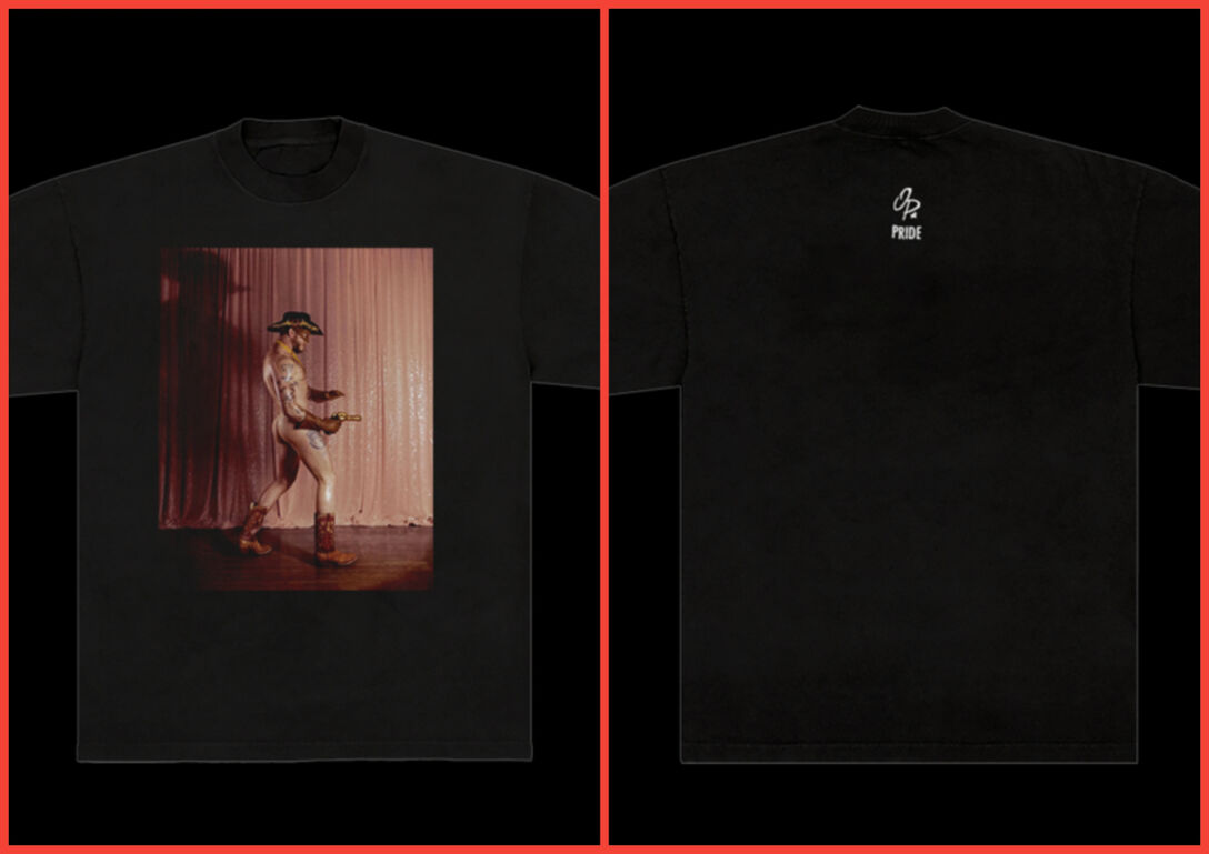 Two-panel image of Orville Peck's black Pride Month t-shirt. On the left, a photo of the singer wearing just a cowboy hat on the cover of