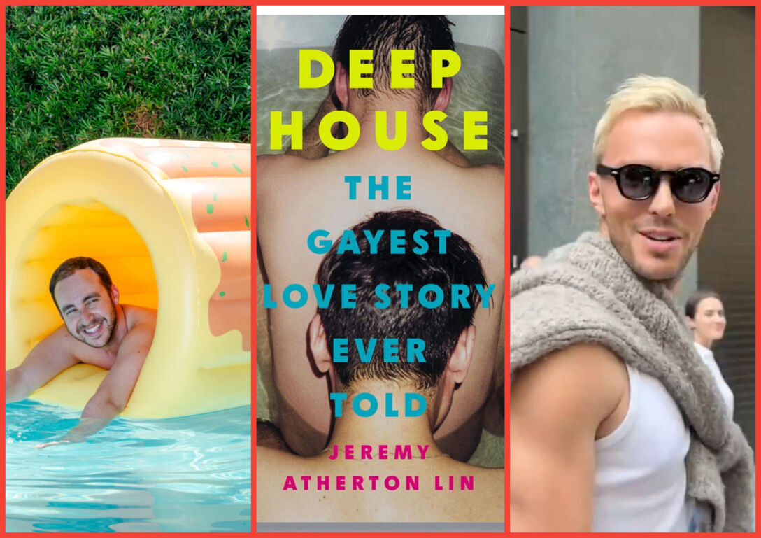 Three-panel image. From left to right: a male model rests in a giant pool floatie that resembles a ravioli; the cover for "Deep House: The Gayest Love Story Ever Told" by Jeremy Atherton Lin; Nicholas Hoult walks through the streets of New York.