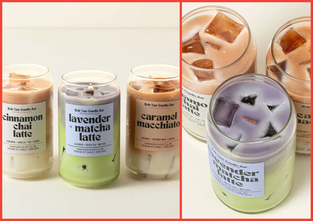 Two-panel image of Noir Lux Candle Bar's Iced Latte candles, which are shaped like jug glasses and feature ice cube detailing on top. On the left, cinnamon chai latte, lavender and matcha latte, and caramel macchiato are arranged and lit in a line. On the right, they're pictured from a bird's eye view.