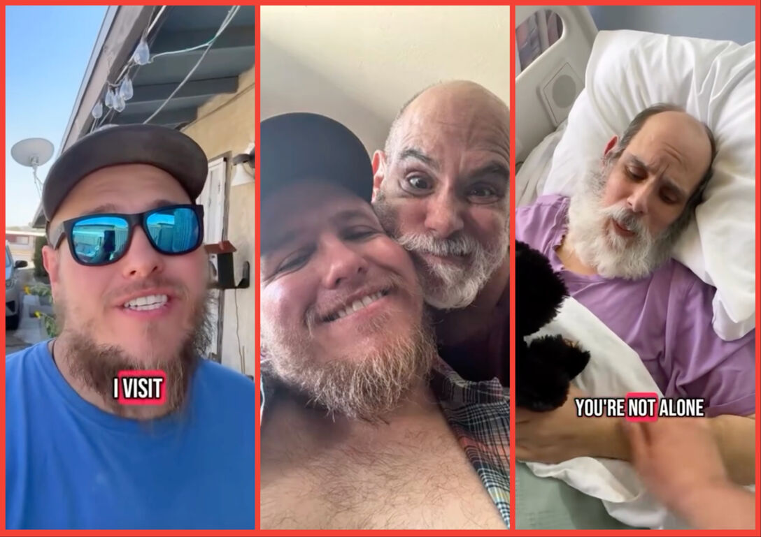 Three-panel image. From left to right: Mitchell Metz speaking into the camera for a TikTok; Metz and his partner Loren take a selfie; Loren in the hospital in a TikTok video.