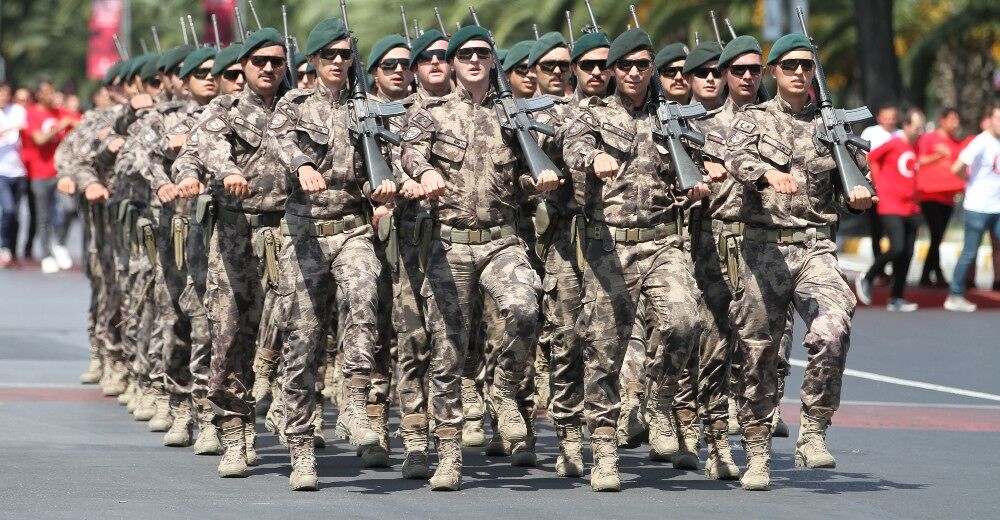 Turkish soldiers march in a parade in Istanbul
