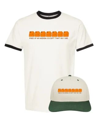 a black ringer tee and green retro cap bundle featuring an orange Queerty retro keyboard logo and the slogan free of an agenda except that gay one