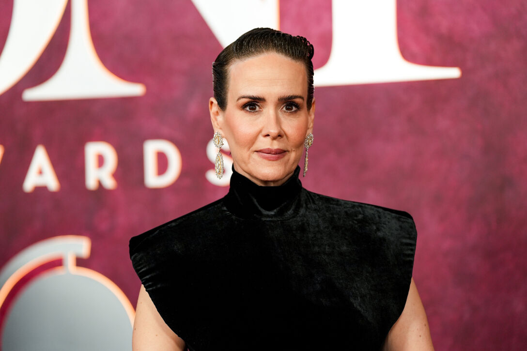 Sarah Paulson poses in a black dress on the red carpet.