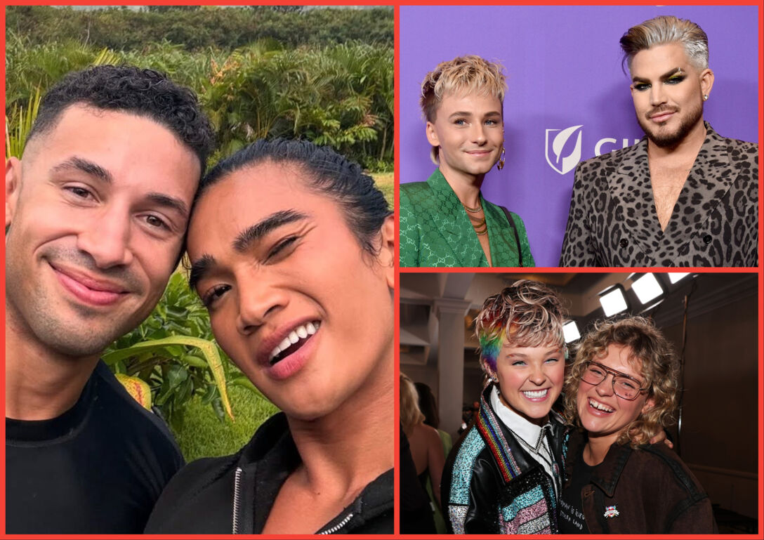 Three-panel image. Clockwise: Justice Fester and Bretman Rock; Adam Lambert and Oliver Gliese; JoJo Siwa and Kath Ebbs.