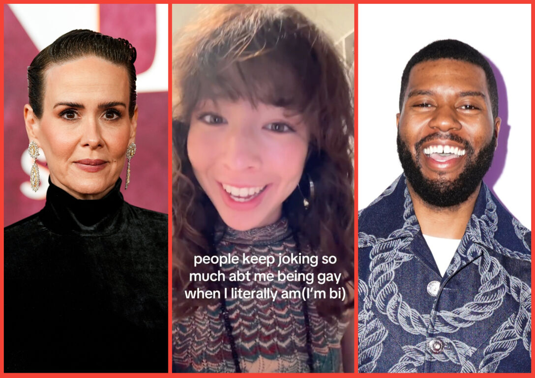 Three-panel image. From left to right: Sarah Paulson, Aubrey Anderson-Emmons in a TikTok, Khalid
