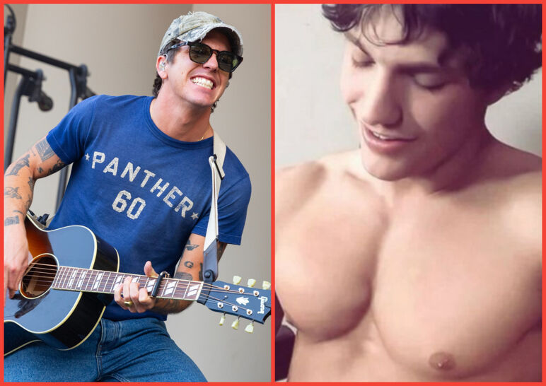 Two-panel image. On the left, singer Tucker Pillsbury plays guitar on stage. On the right, a close up of adult film star Brandon.