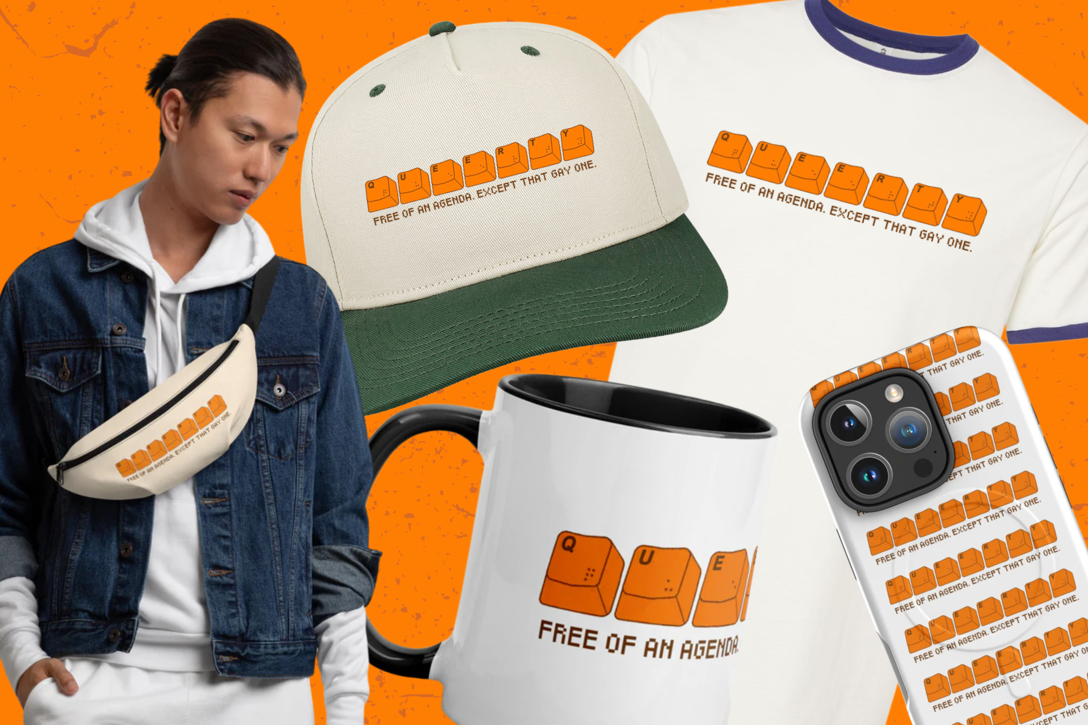 Collage of Queerty’s 20th Anniversary merch, featuring the original orange keyboard logo that spells “Queerty” and tagline “Free of an agenda. Except that gay one.” Products shown include a heritage twill cap with a green bill, a cream fanny pack worn crossbody by a model in a denim jacket, a ceramic mug with black handle and interior, a retro-style ringer tee, and a white MagSafe® iPhone case printed with a repeating Queerty logo design, all placed against a bright orange background.