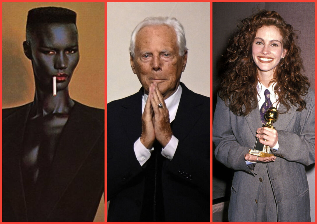Three-panel image. From left to right: Grace Jones on the cover of "Nightclubbing," Giorgio Armani stands with his hands pressed together, Julia Roberts at the 1990 Golden Globes in a suit.