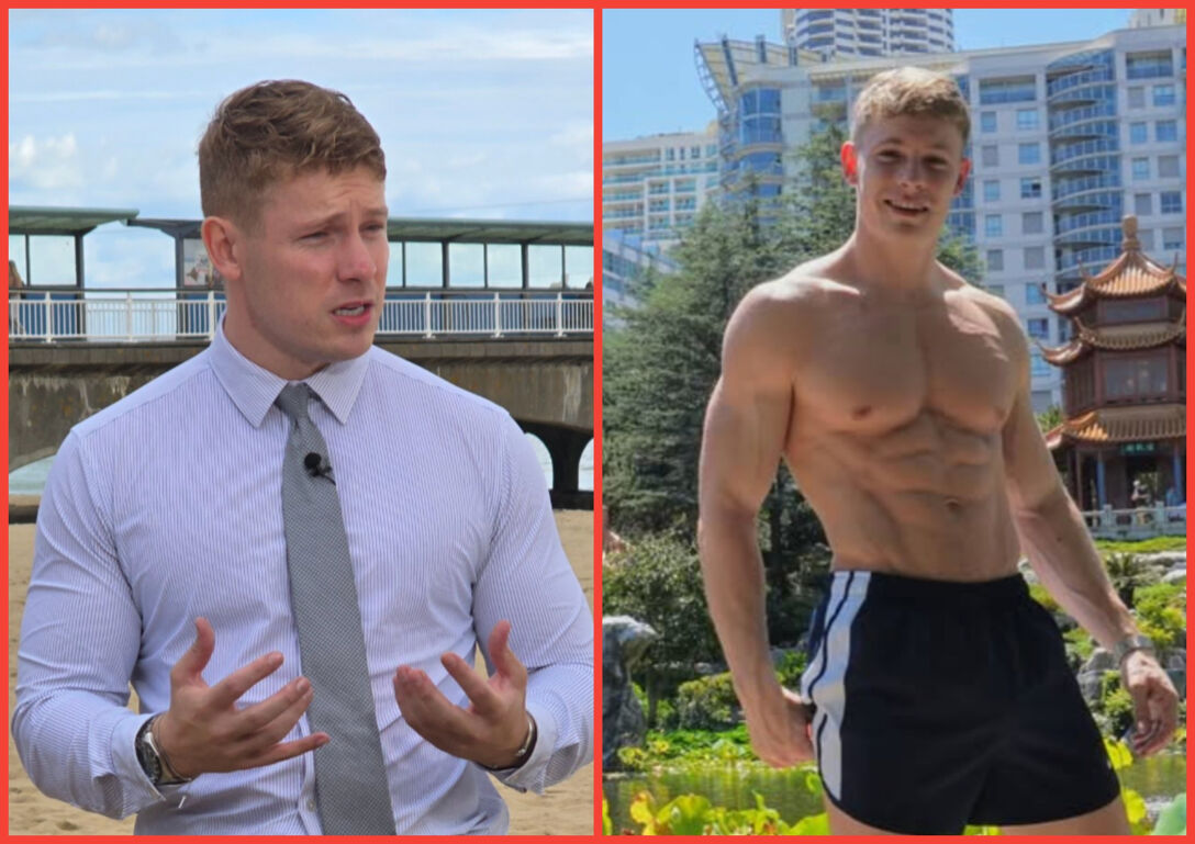 Two-panel image of Liverpool politician Carl Cashman. On the left, he stands talking to a reporter in a blue suit jacket. On the right, he's posed shirtless outdoors.