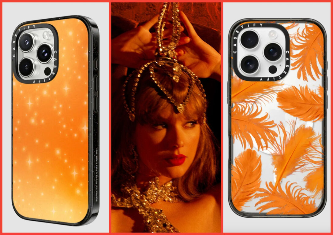 Three-panel image. From left to right: an orange sparkled phone case, Taylor Swift poses in a showgirl headdress, another phone case decorated with orange feathers.