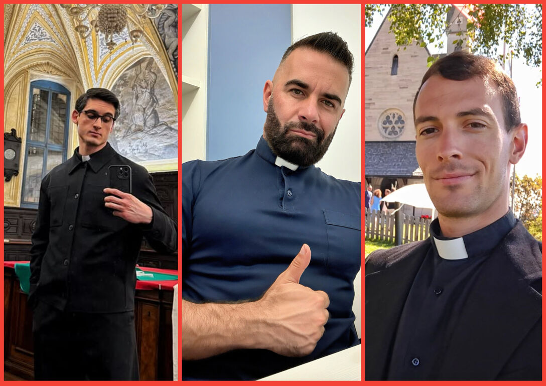 Three-panel image of priests taking selfies. From the left to right: a man poses for a camera selfie in a church mirror; another priest in a tight-fitting navy shirt flexes and gives a thumbs up; another priest poses outdoors in front of a church with a soft smile.